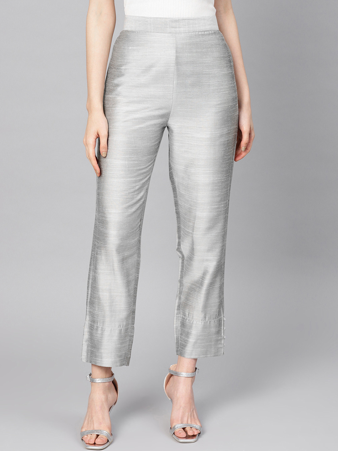 Varanga Women Grey Straight Fit Solid Silk Cropped Regular Trousers
