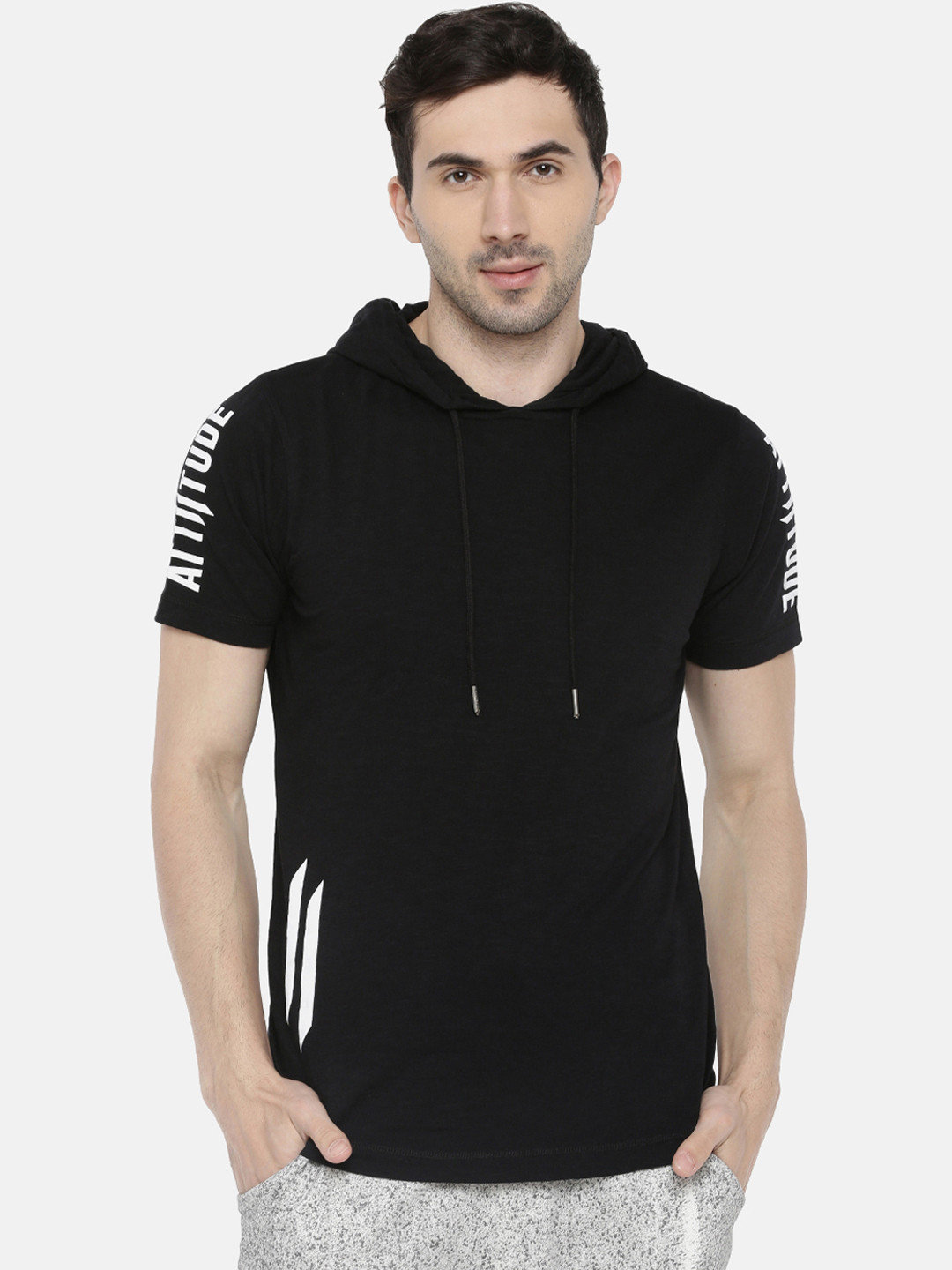 ATTIITUDE Men Black Printed Hooded Slim Fit T-shirt