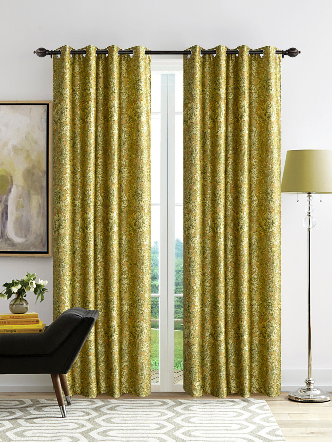 Deco Window Set of 2 Gold-Toned Printed Door Curtains