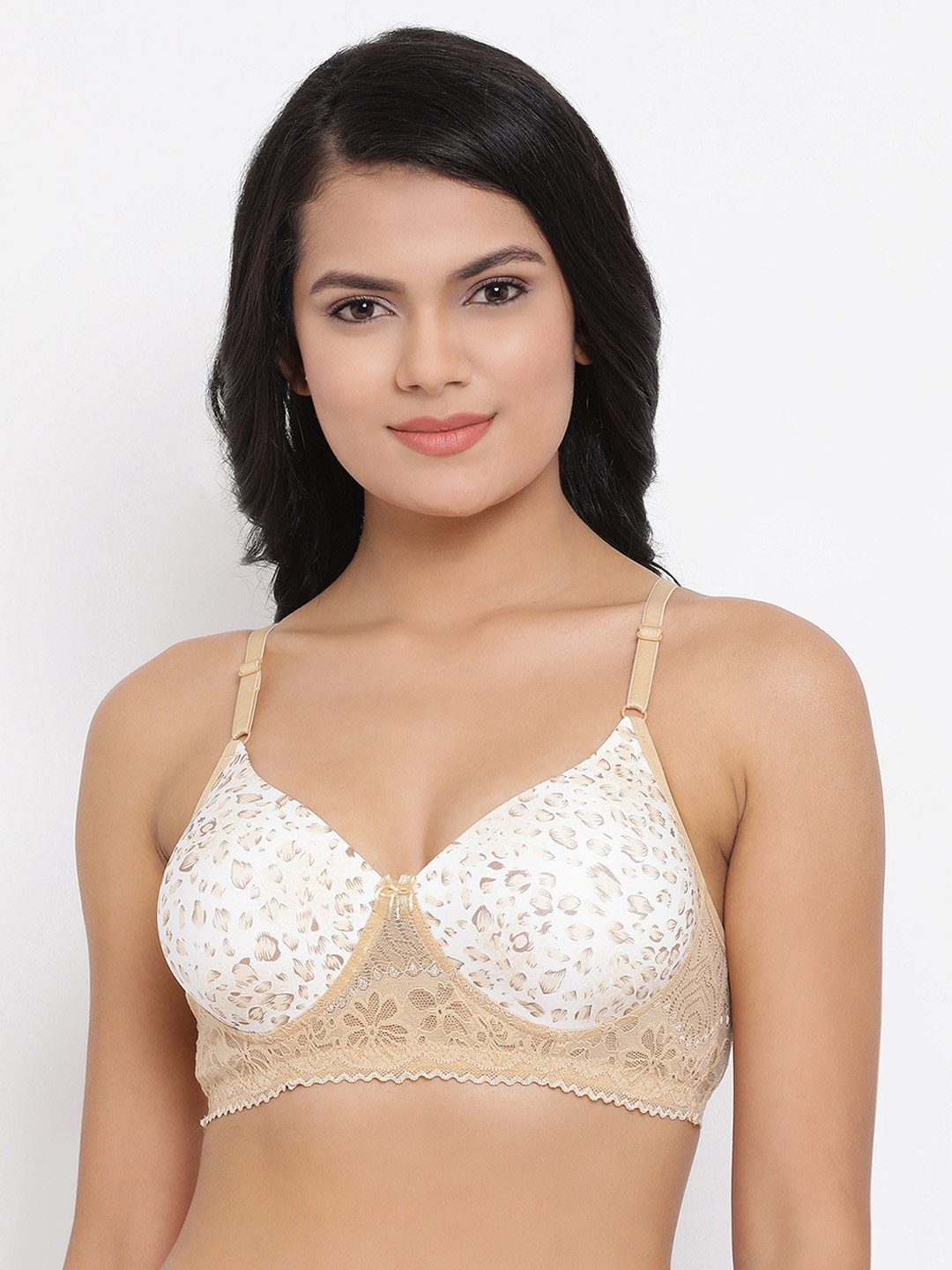 Clovia Beige & Off-White Printed Non-Wired Lightly Padded T-shirt Bra BR1806G243