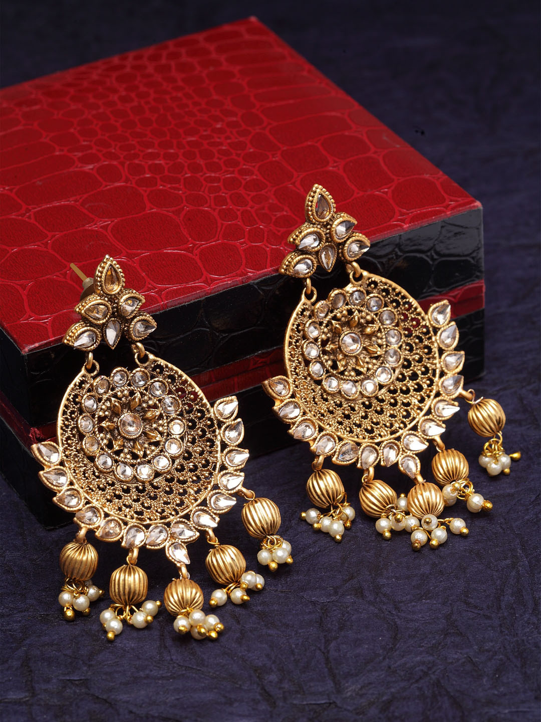 PANASH Gold-Plated & White Stone Studded Classic Antique Drop Earrings