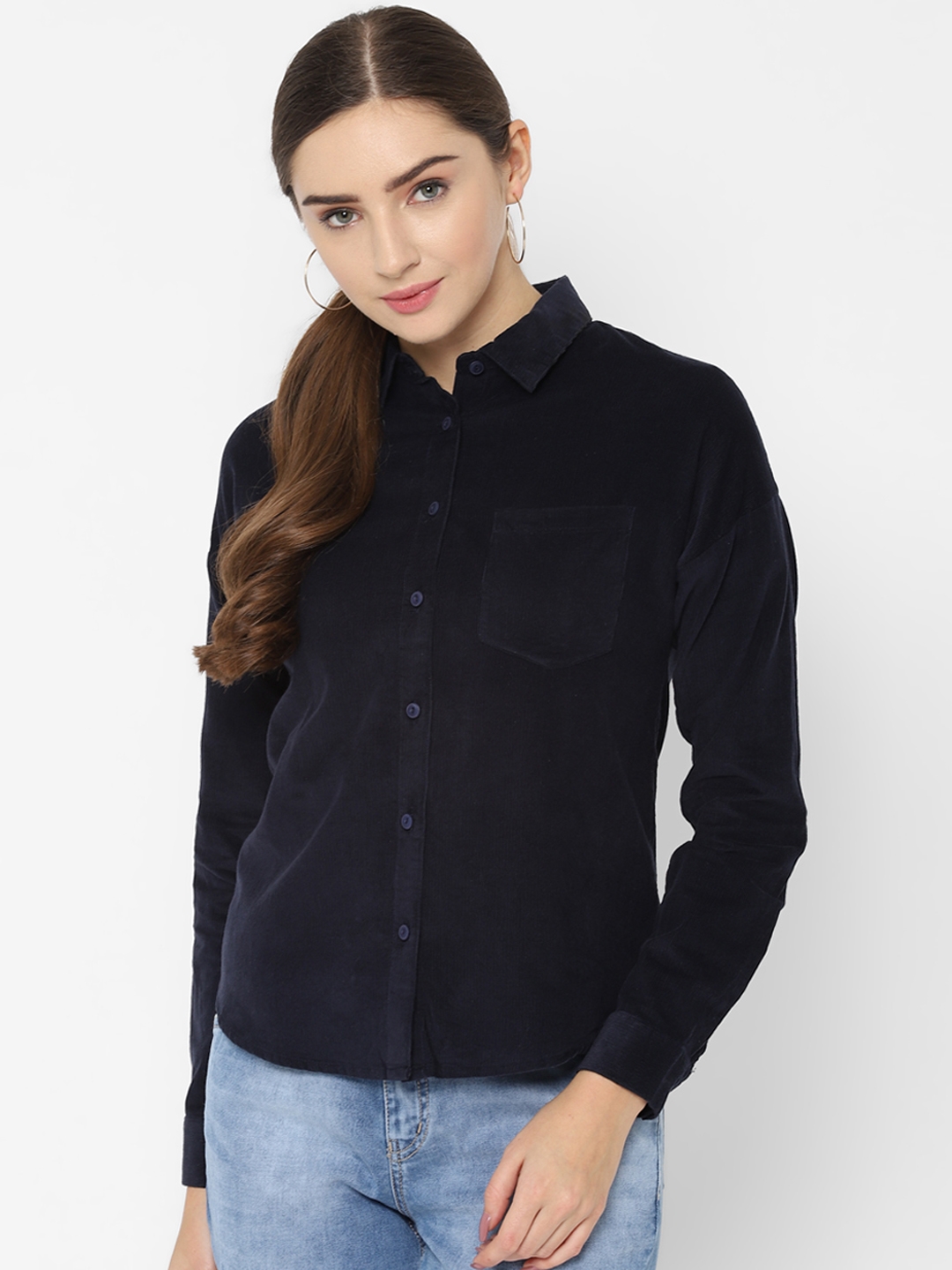 People Women Navy Blue Regular Fit Solid Casual Shirt