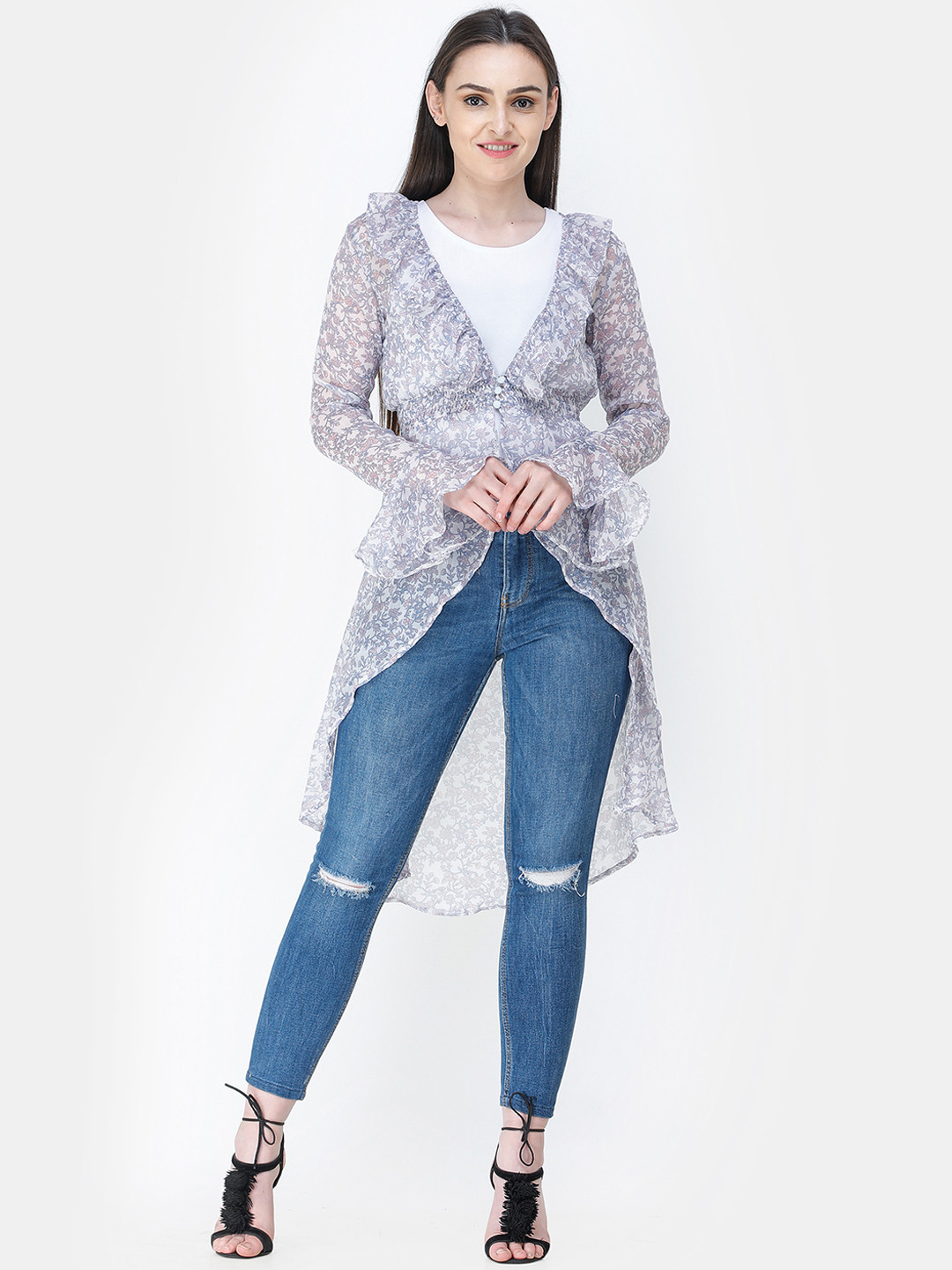 Cation Women Off-White & Blue Printed Button Shrug