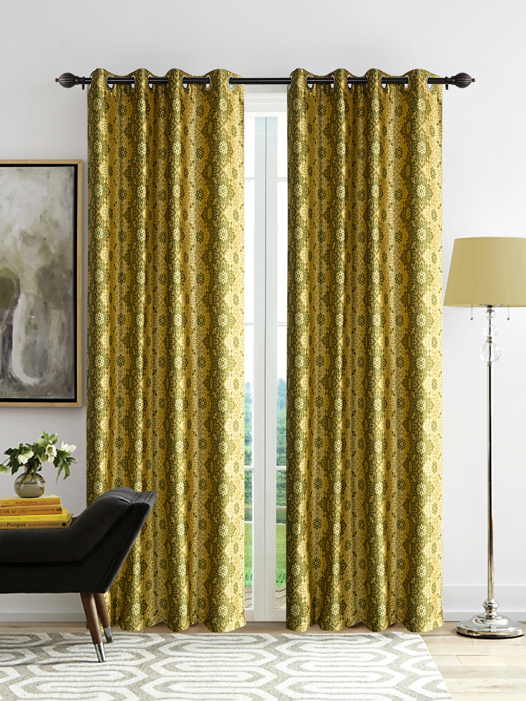 Deco Window  Set of 2 Gold-Toned Printed Door Curtains