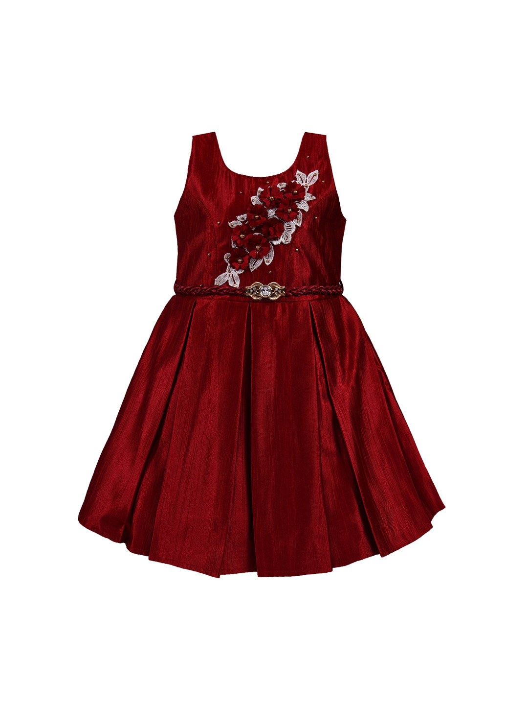 Wish Karo Girls Maroon Embellished Silk Fit and Flare Dress
