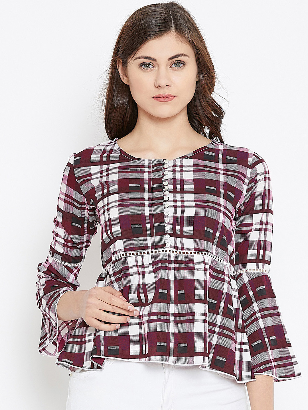 Zastraa Women Burgundy & Grey Checked Cinched Waist Top
