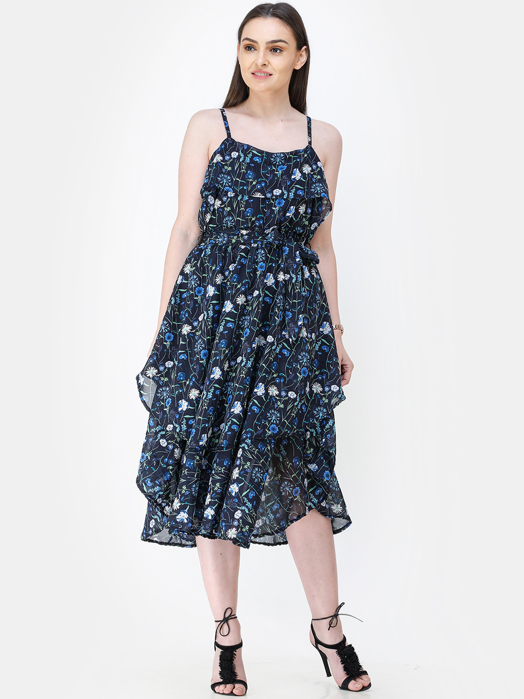 Cation Women Navy Blue Floral Print A-Line Dress with Ruffle Detail