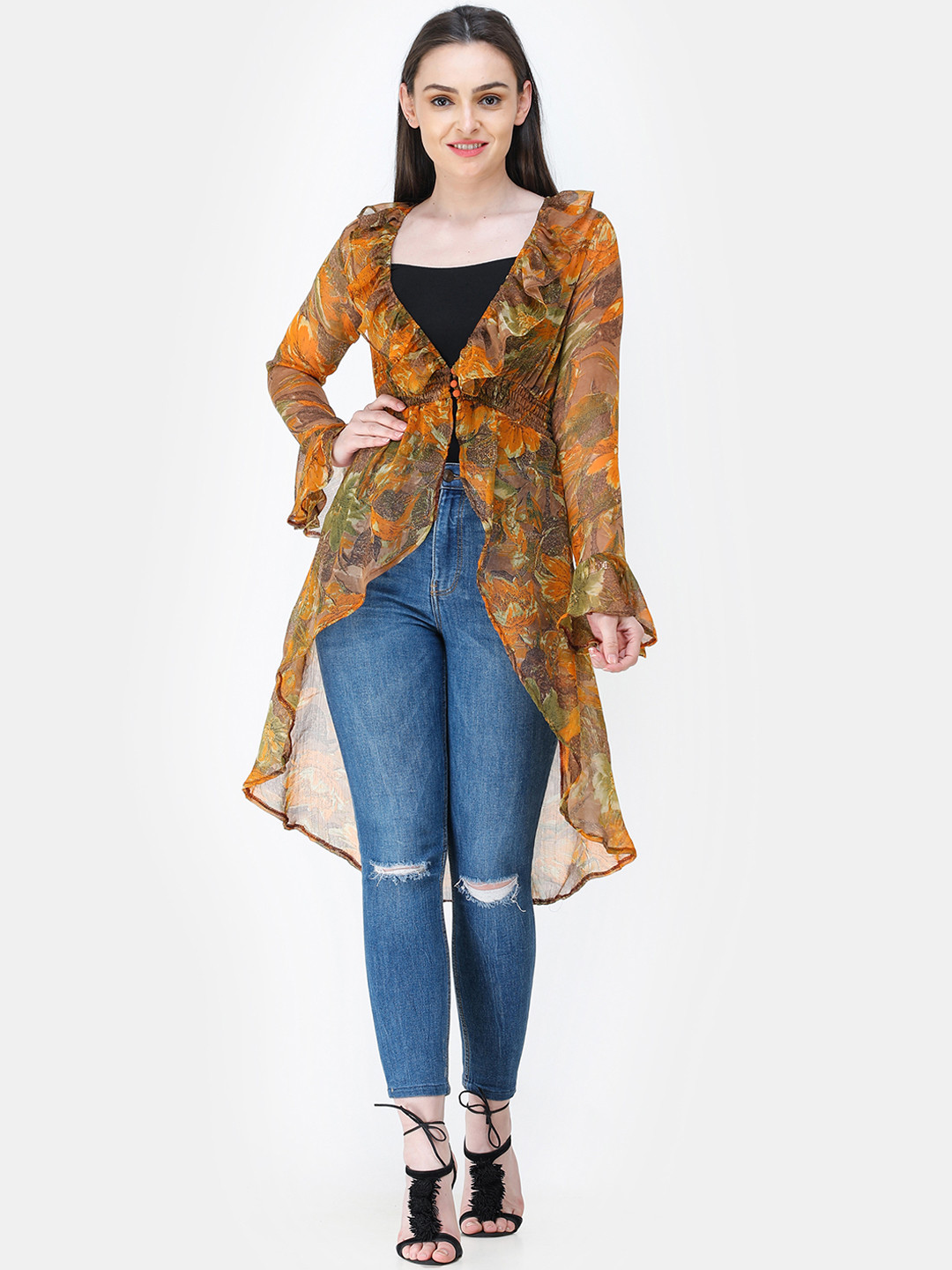 Cation Women Orange & Olive Green Printed Tie-Up Shrug