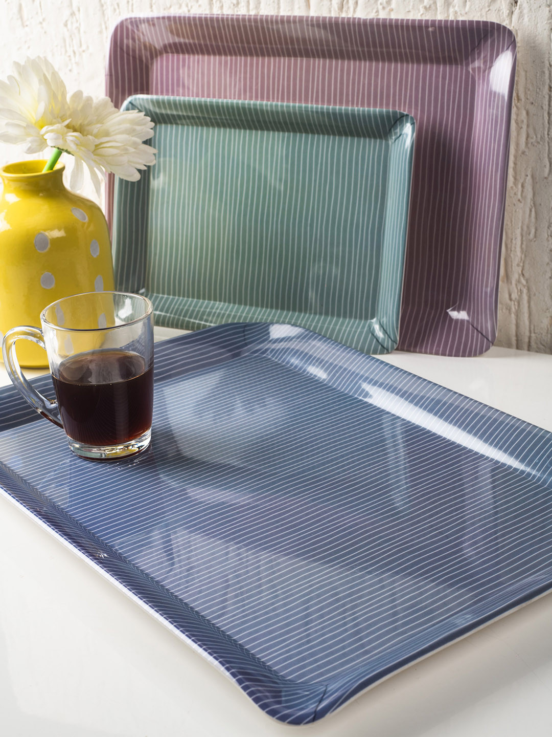 GOODHOMES Set of 3 Blue & Green Striped Rectangular Melamine Serving Trays