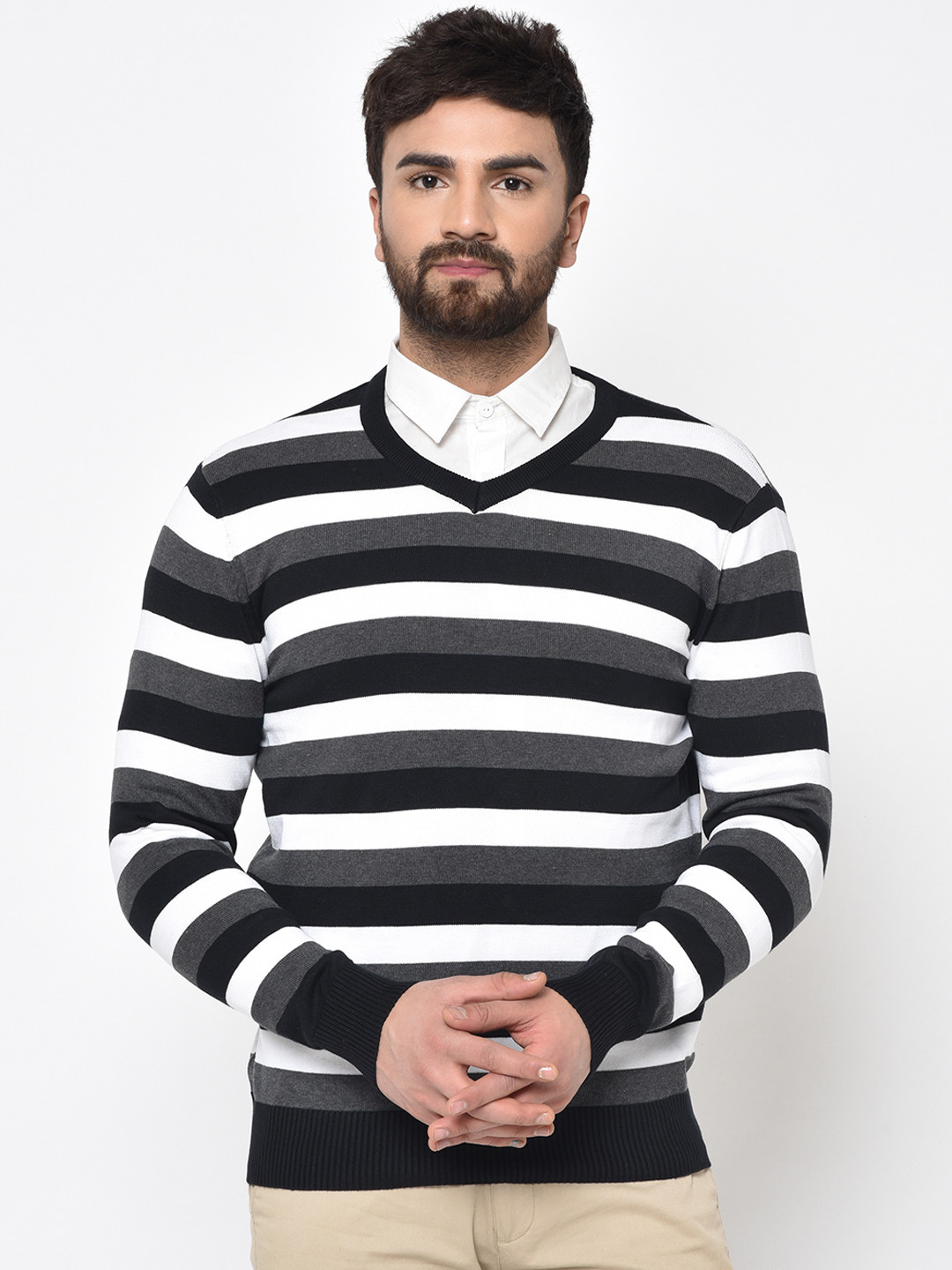 ARMISTO Men Black & White Striped Pullover Sweater