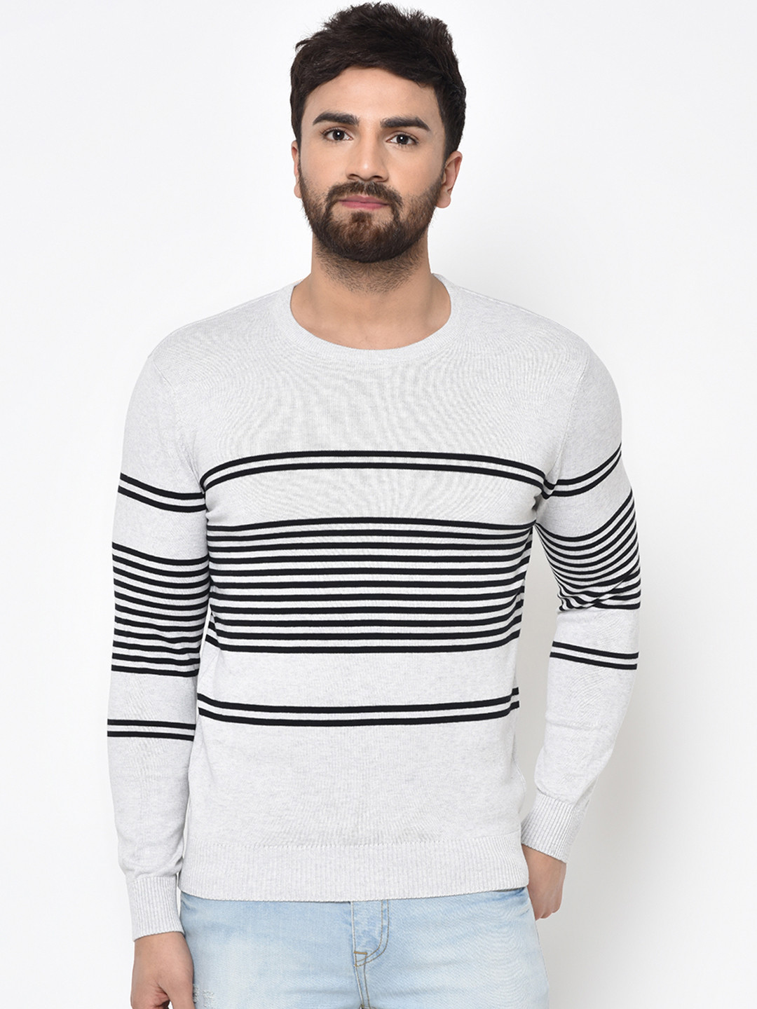 ARMISTO Men Grey & Black Striped Pullover Sweater