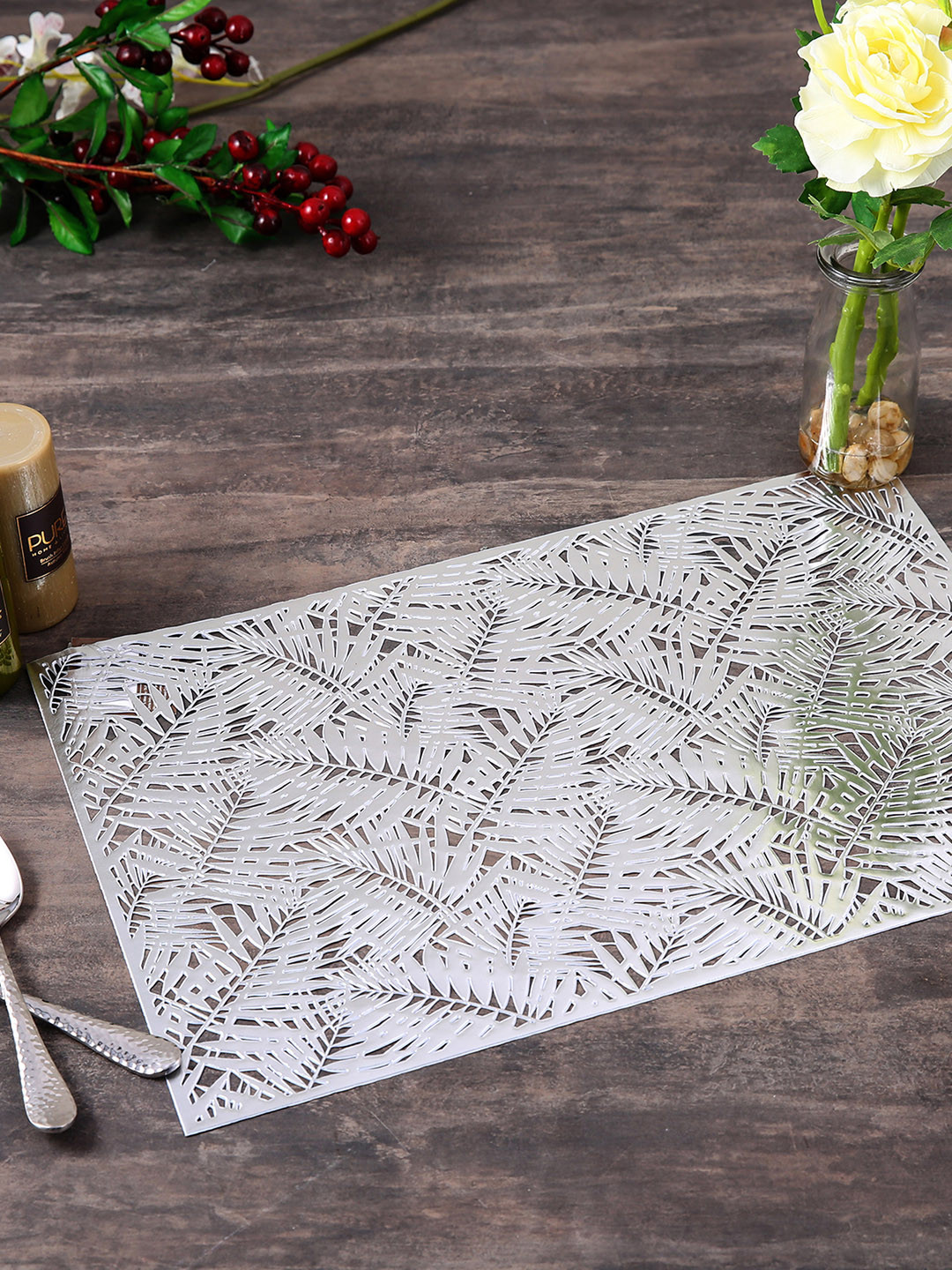 Pure Home and Living Set of 6 Silver-Toned Solid Rectangular Table Placemats