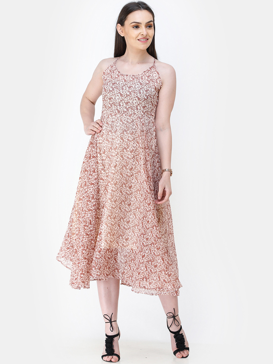 Cation Women Cream-Coloured & Pink Printed Fit and Flare Dress
