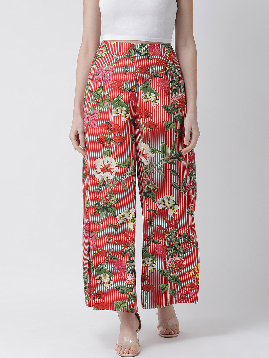 KASSUALLY Women Red & White Relaxed Straight Fit Striped Parallel Trousers