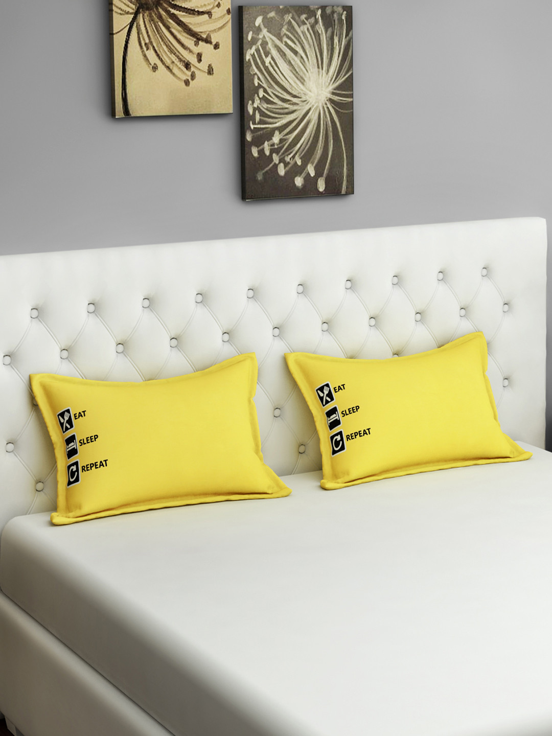 SWAYAM Set of 2 Yellow Eat Sleep Repeat Graffiti Pillow Covers