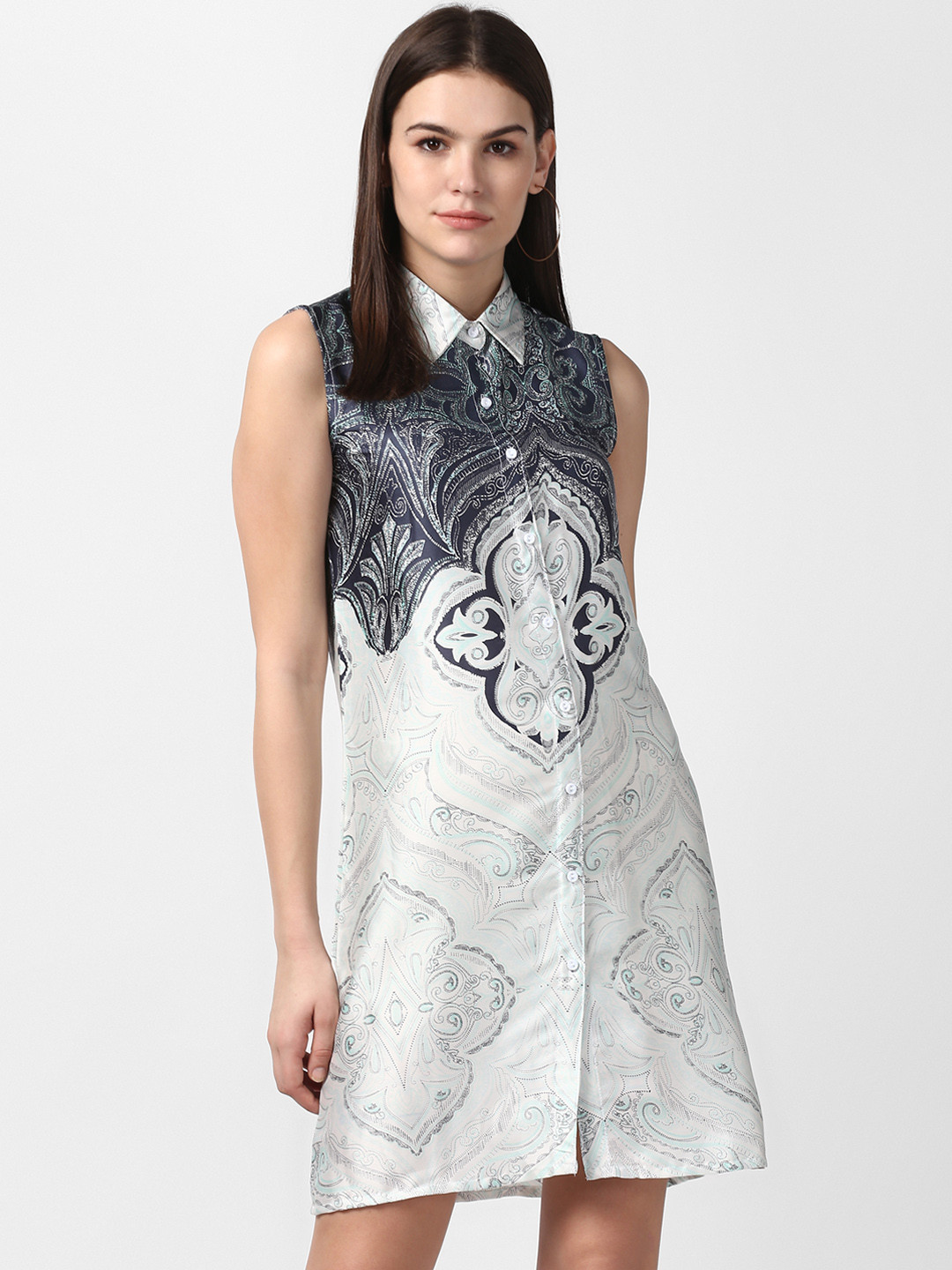 StyleStone Women White and Navy Blue Ethnic Motifs Shirt Dress