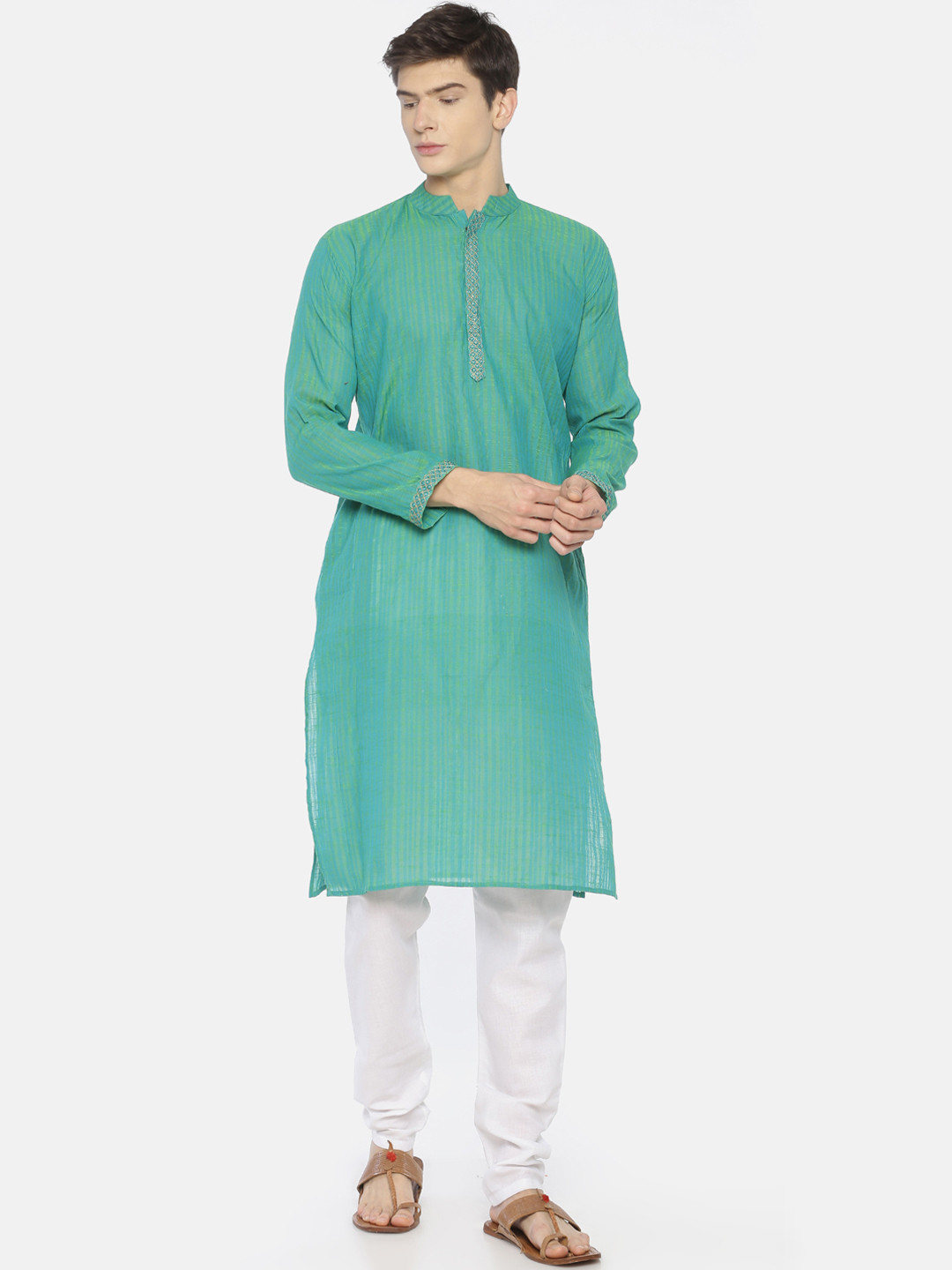 PAROKSH Men Sea Green & Yellow Woven Design Straight Kurta