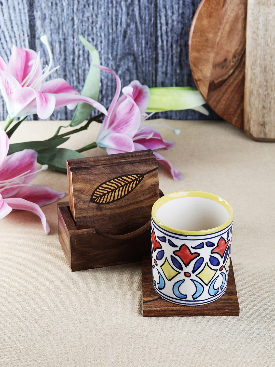 VarEesha Brown Set of 4 Sheesham Wood Coasters With Holder