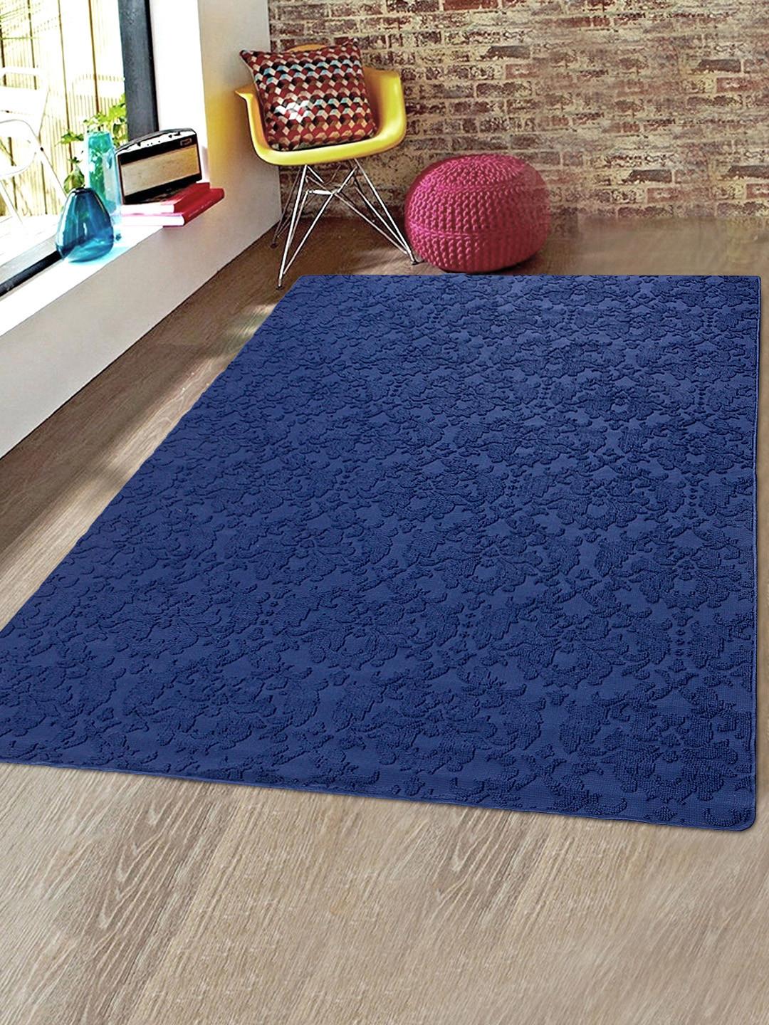 Saral Home Blue Floral Patterned Microfiber Anti-Skid Carpet