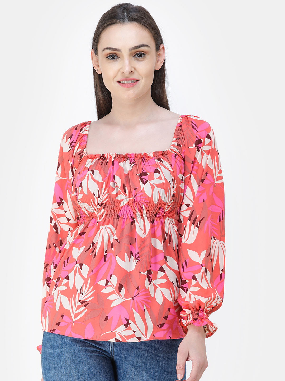 Cation Women Coral Pink Printed Empire Top