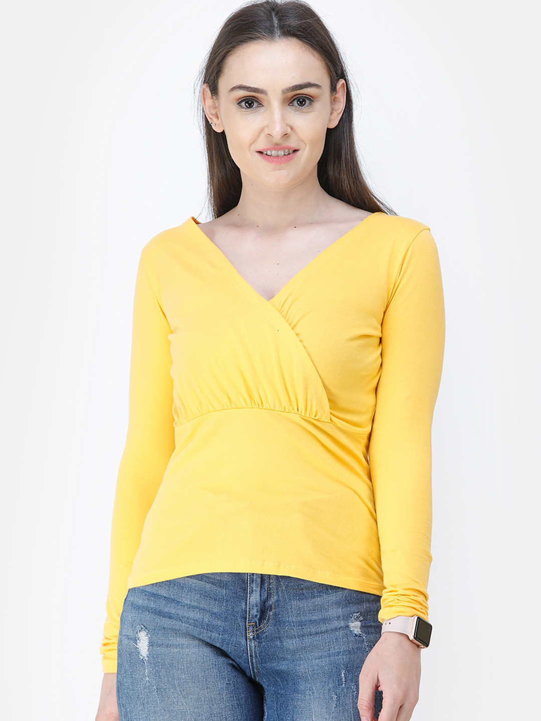 Cation Women Yellow Solid Wrap Pure Cotton Top