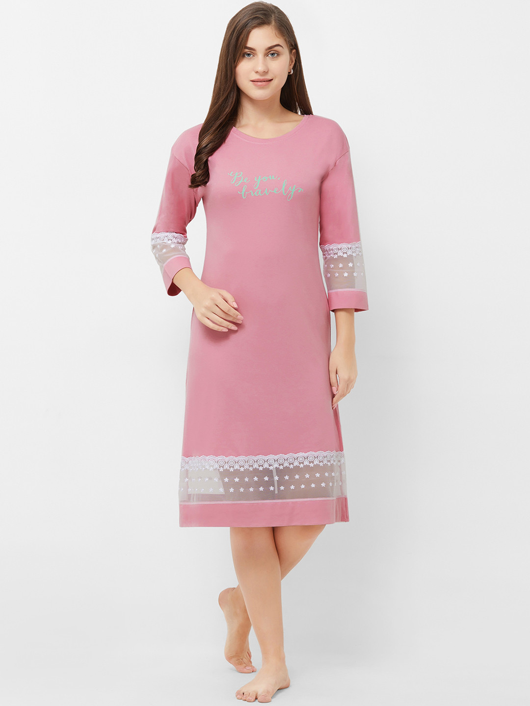 Soie Women Pink Solid Sleep Shirt