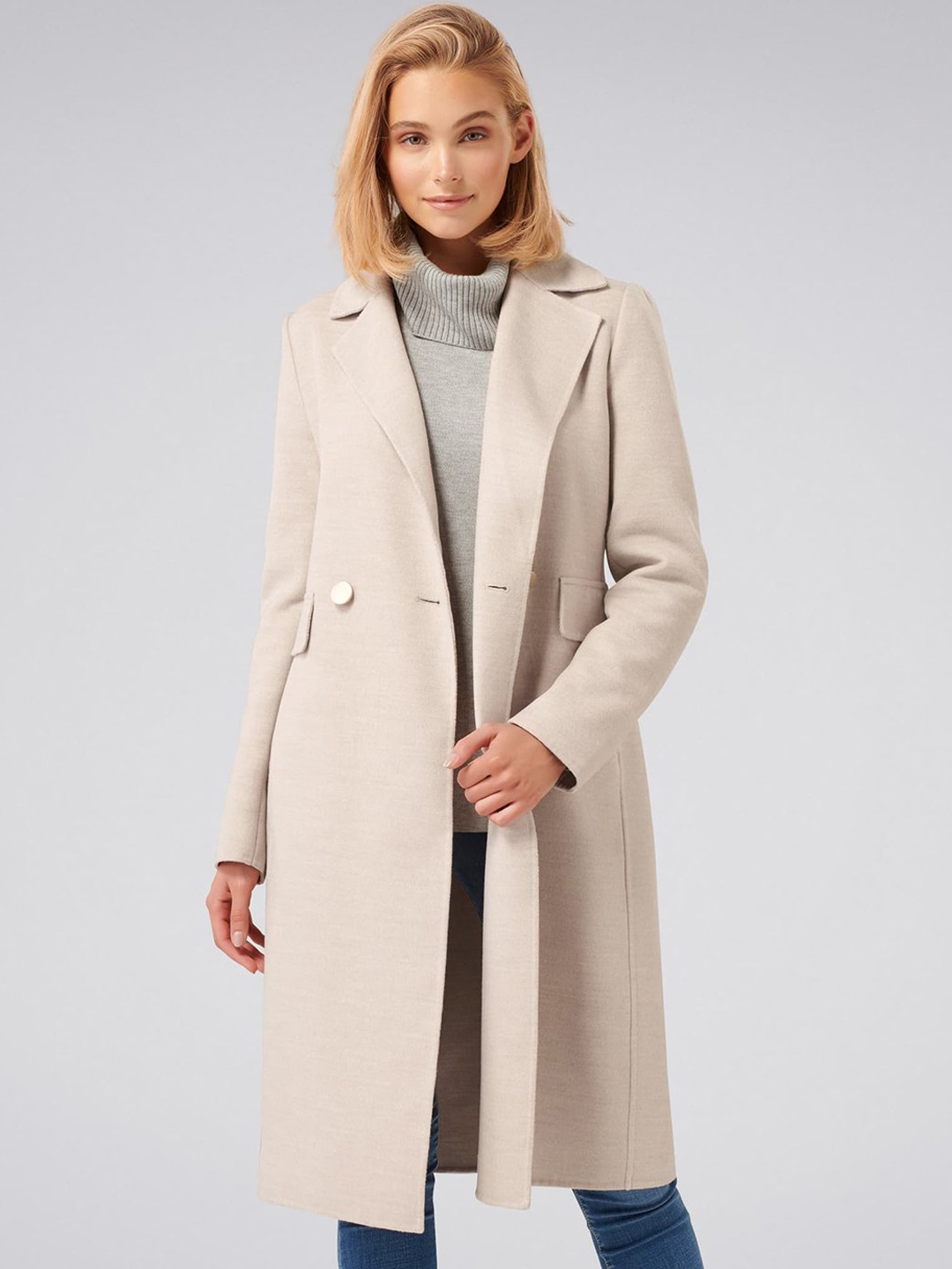Forever New Women Beige Solid Double Breasted Longline Overcoat