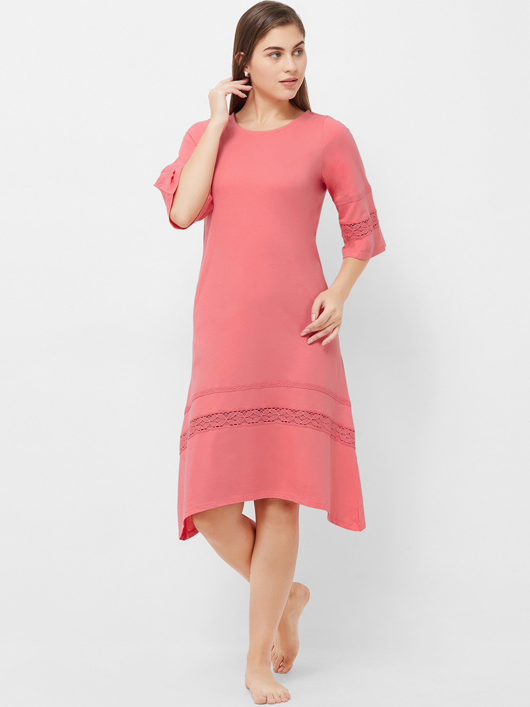 Soie Coral Pink Solid Knee Length Nightdress NT-116SUNKIST
