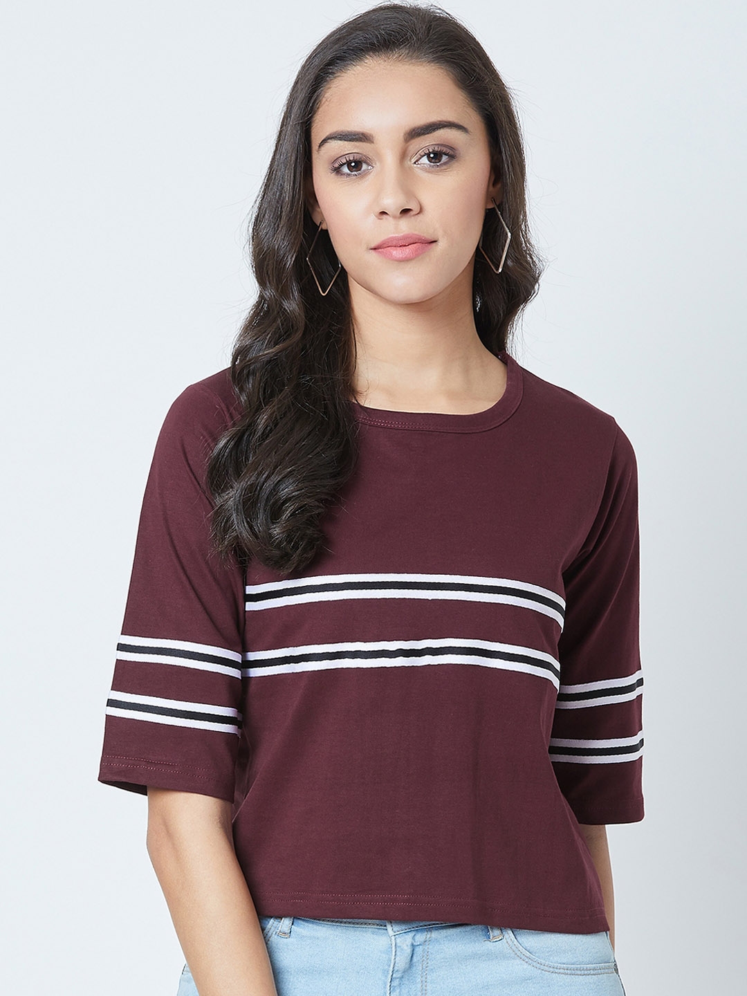 The Dry State Women Maroon Striped Round Neck T shirt