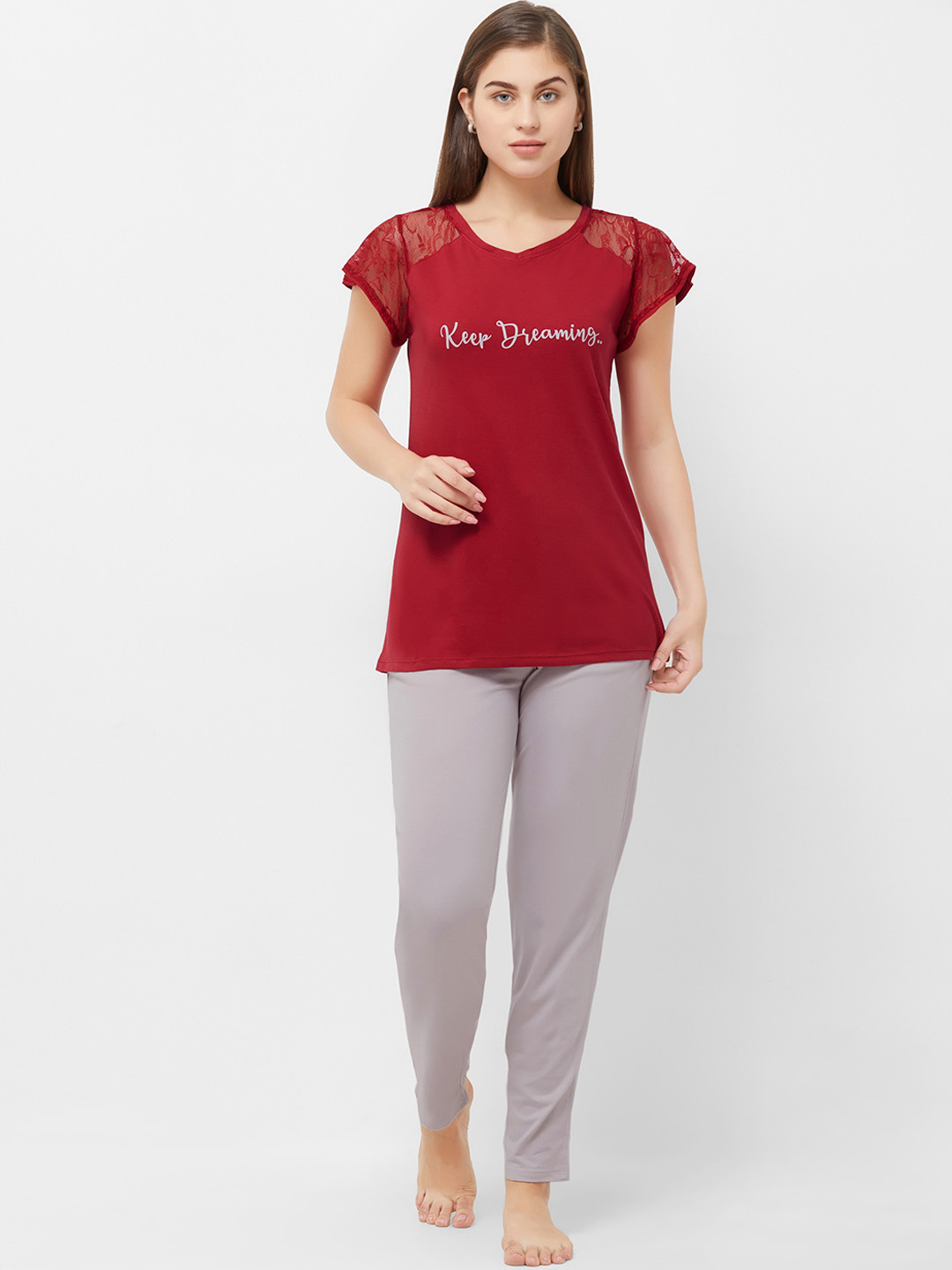 Soie Women Maroon & Grey Solid Night suit NT-100
