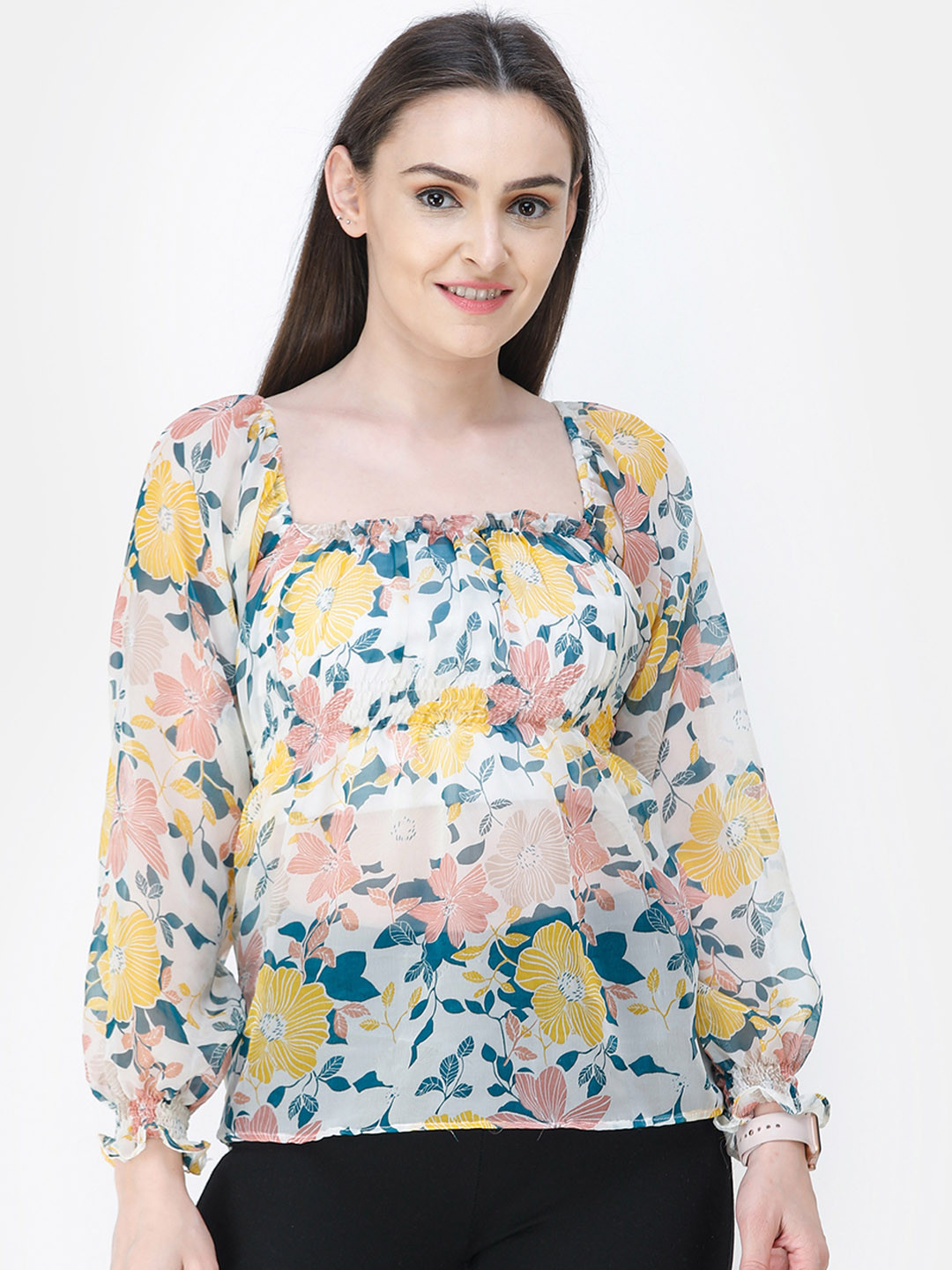 Cation Women White Floral Printed Empire Top