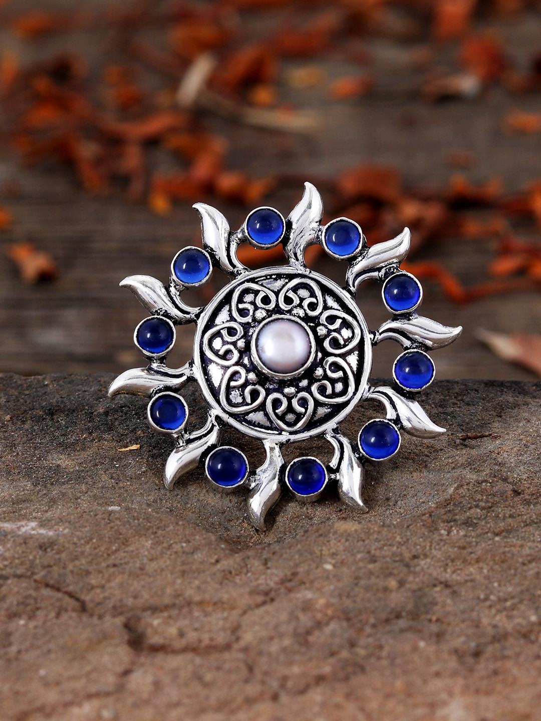 Silvermerc Designs Women 92.5 Sterling Silver Blue Quartz-Studded Adjustable Finger Ring