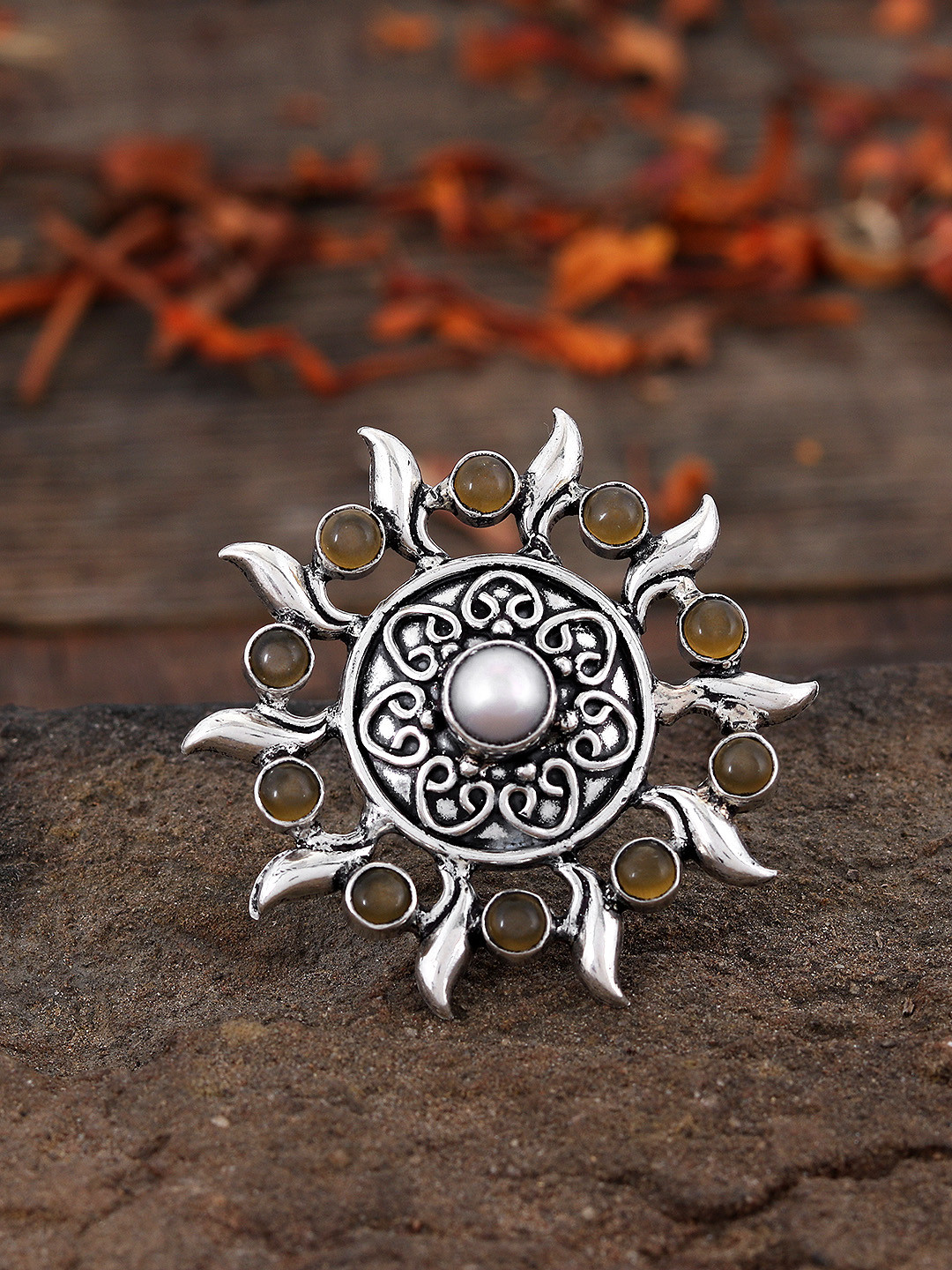 Silvermerc Designs Women Sterling Silver Brown Stone-Studded Adjustable Finger Ring