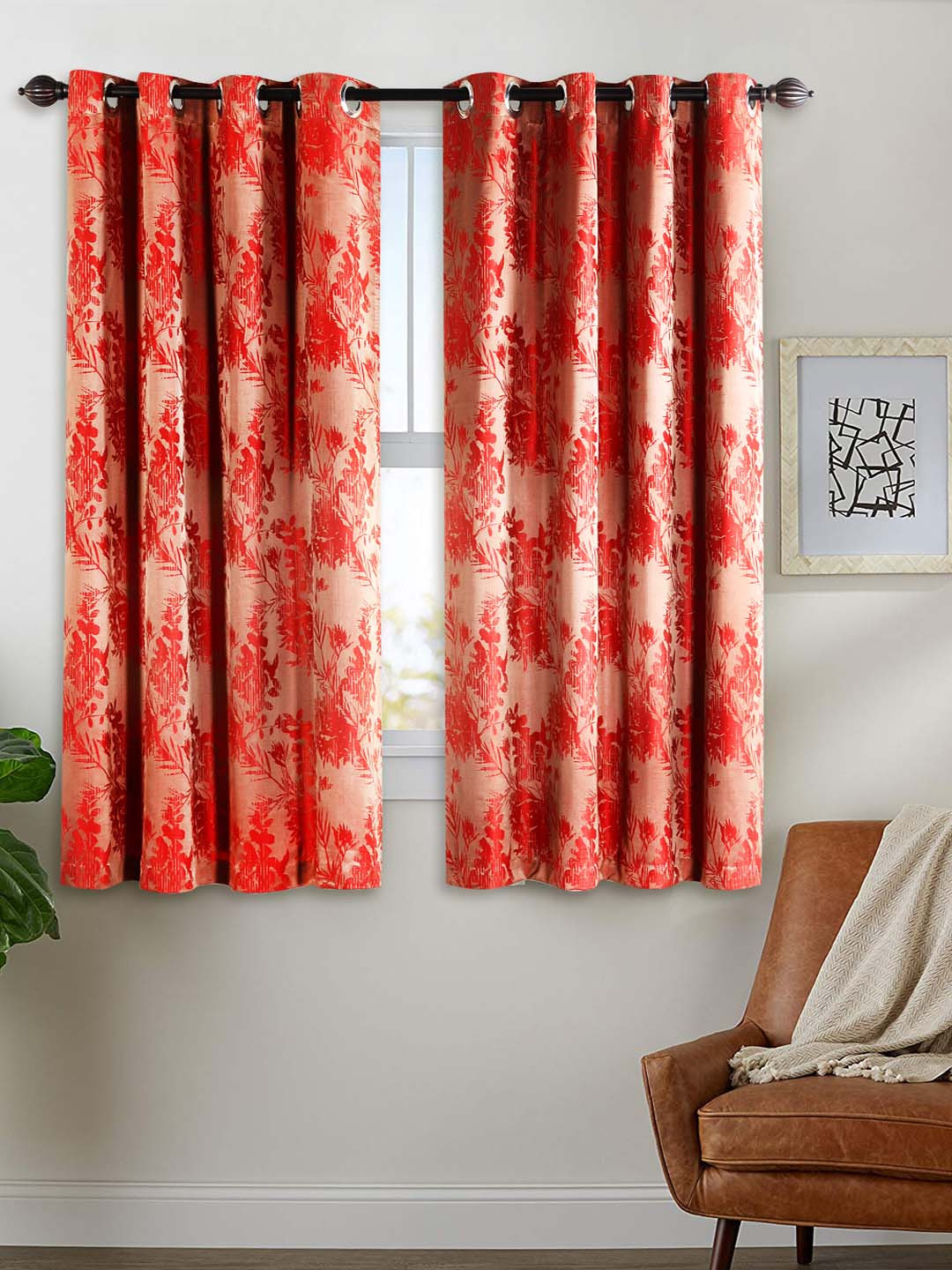 Deco Window Red & Peach-Coloured Set of 2 Black Out Curtain Curtains