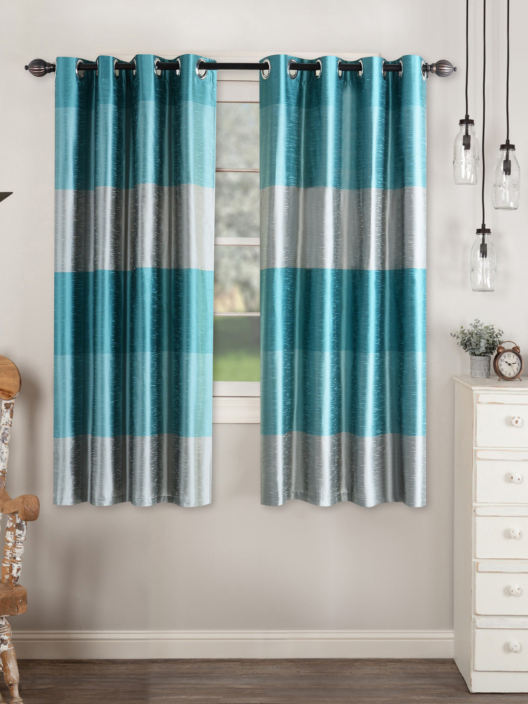 Deco Window Sea Green & Silver-Coloued Set of 2 Black Out Window Curtains