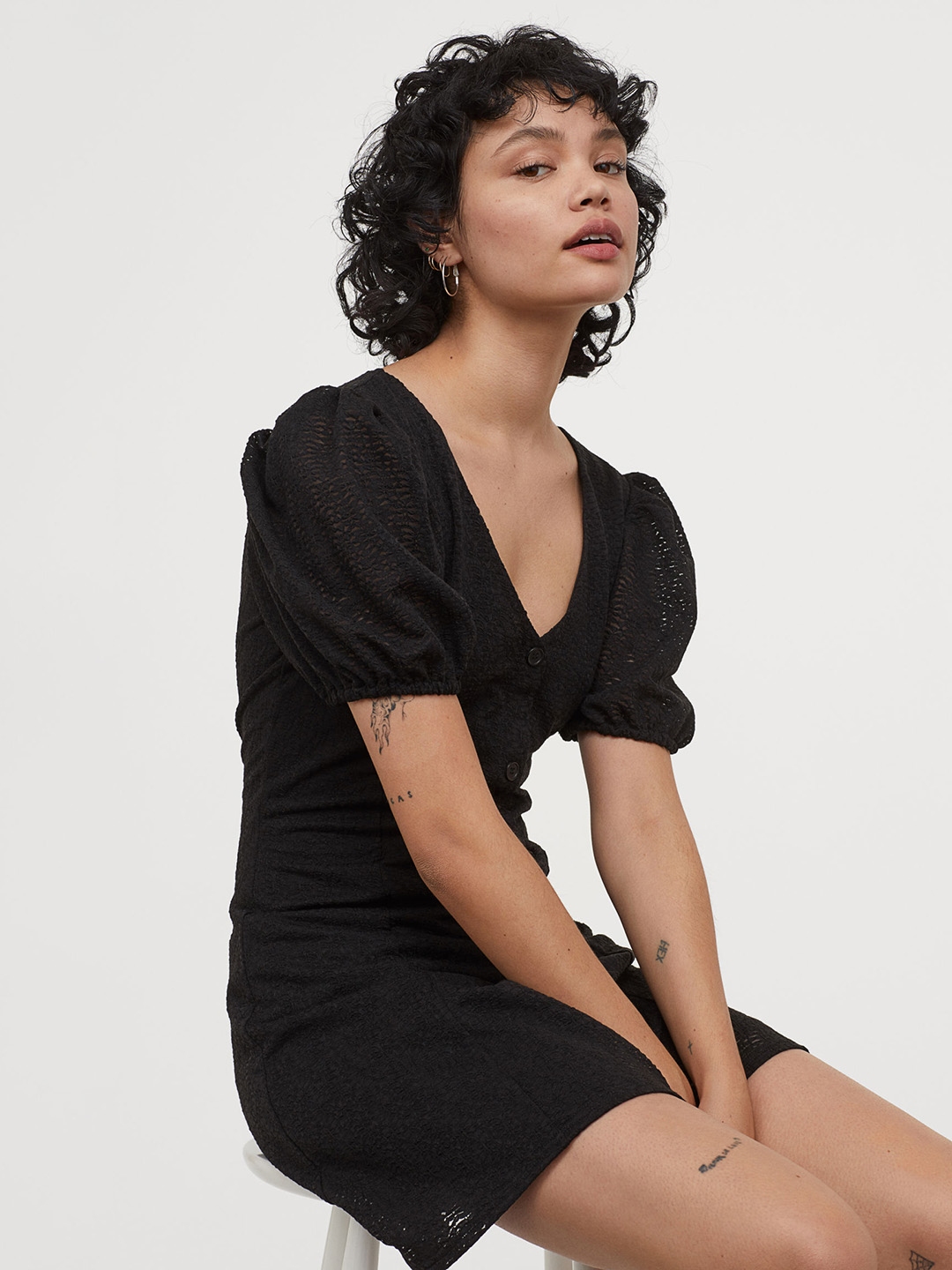 Buy H☀M Women Black Puff Sleeved Dress ...
