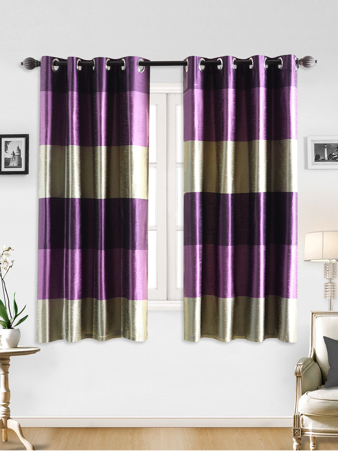 Deco Window Purple & Beige 2 Pieces Colourblocked Black Out Window Curtains
