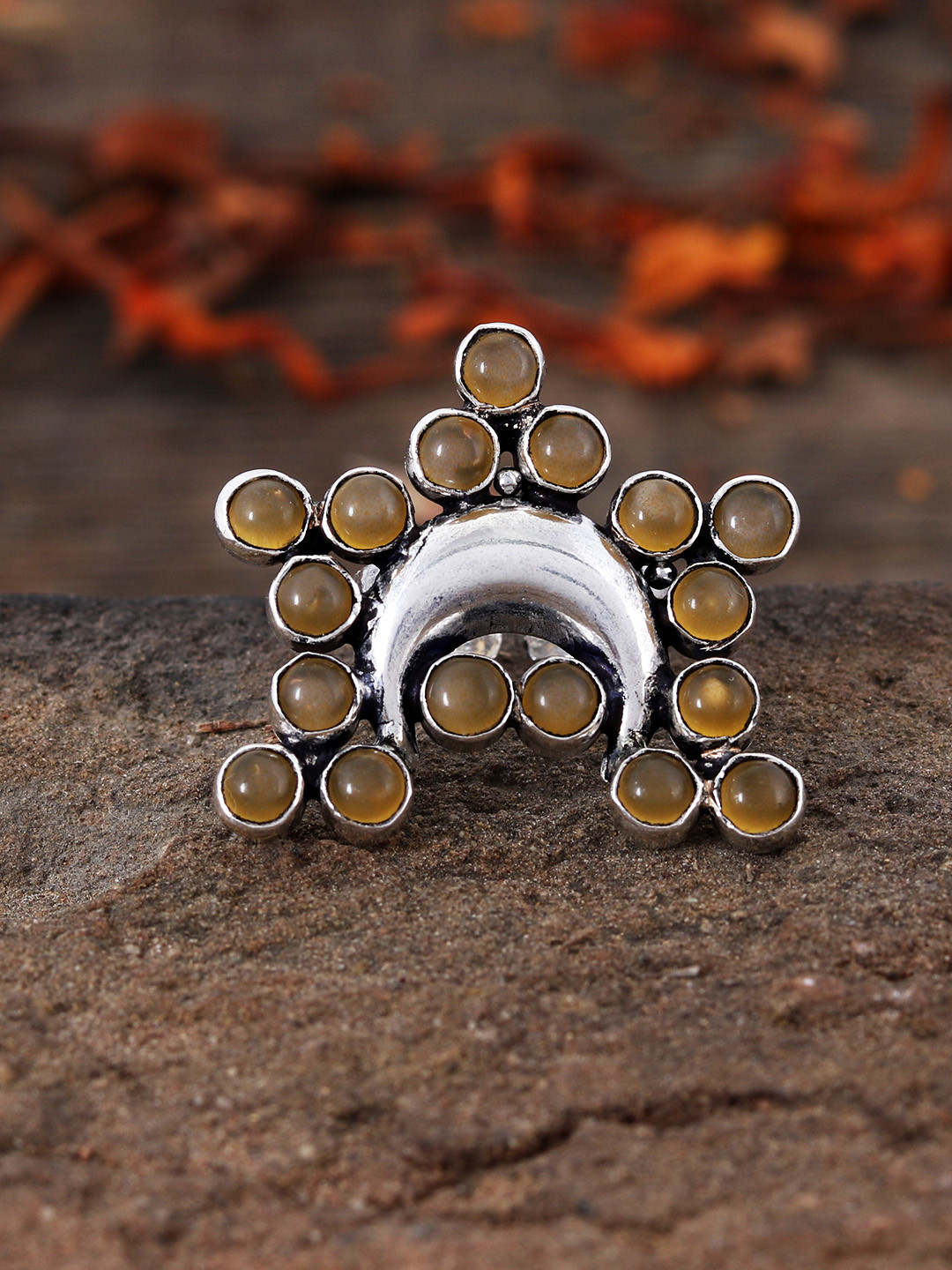 Silvermerc Women 92.5 Sterling Silver Brown Onyx Studded Oxidised Adjustable Finger Ring