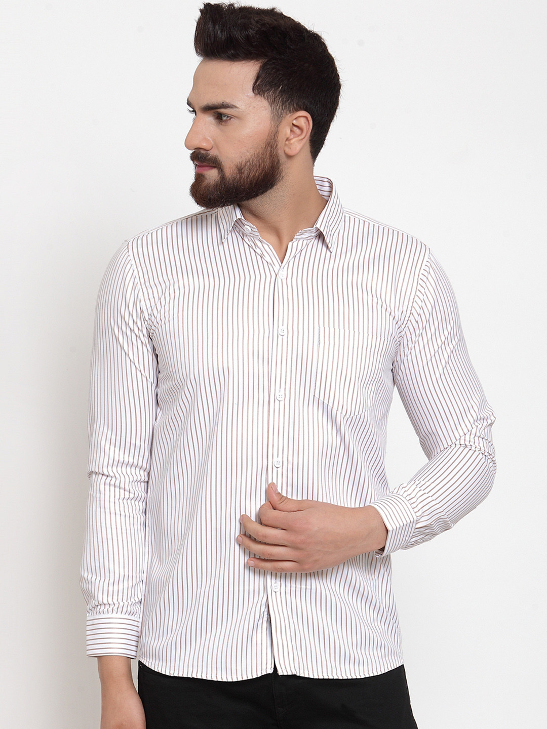 JAINISH Men White & Brown Regular Fit Striped Casual Shirt