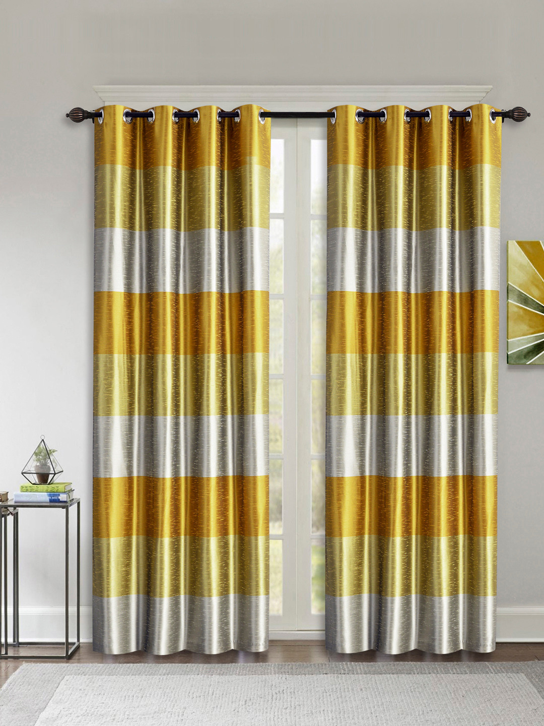 Deco Window Gold-Toned & Silver-Toned Set of 2 Colourblocked Long Door Curtains