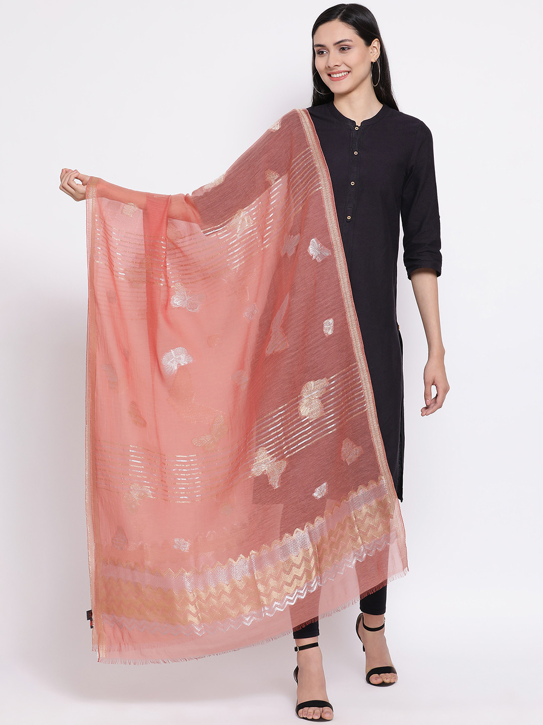 SHINGORA Pink Woven Design Antimicrobial Dupatta
