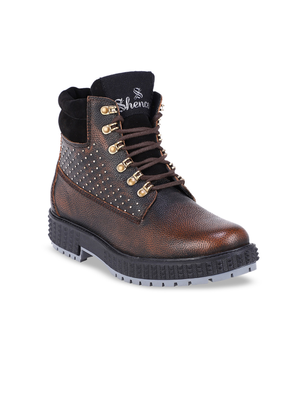 SHENCES Men Brown Textured Flat Leather Boots