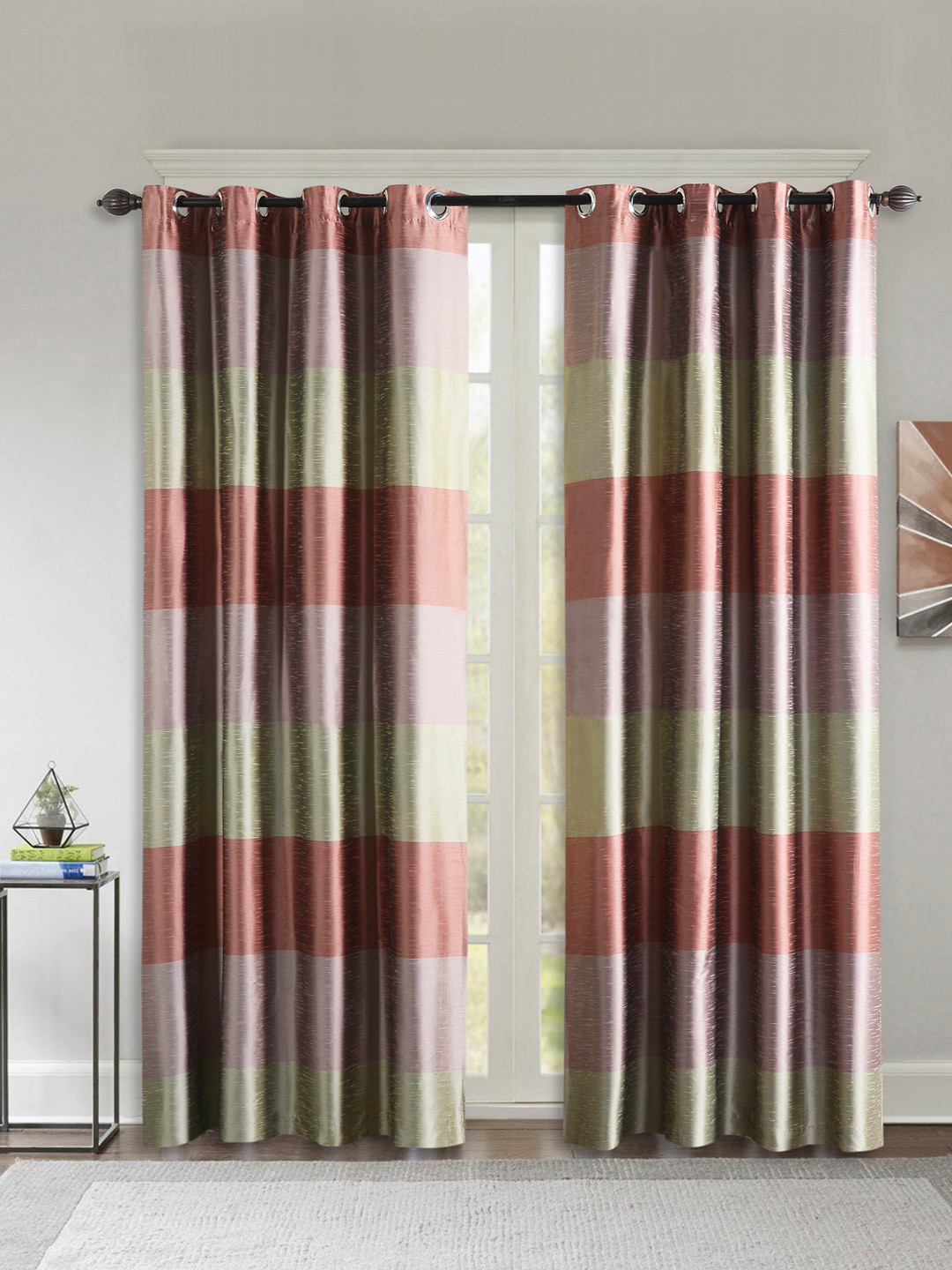 Deco Window Green & Pink Set of 2 Colourblocked Long Door Curtains