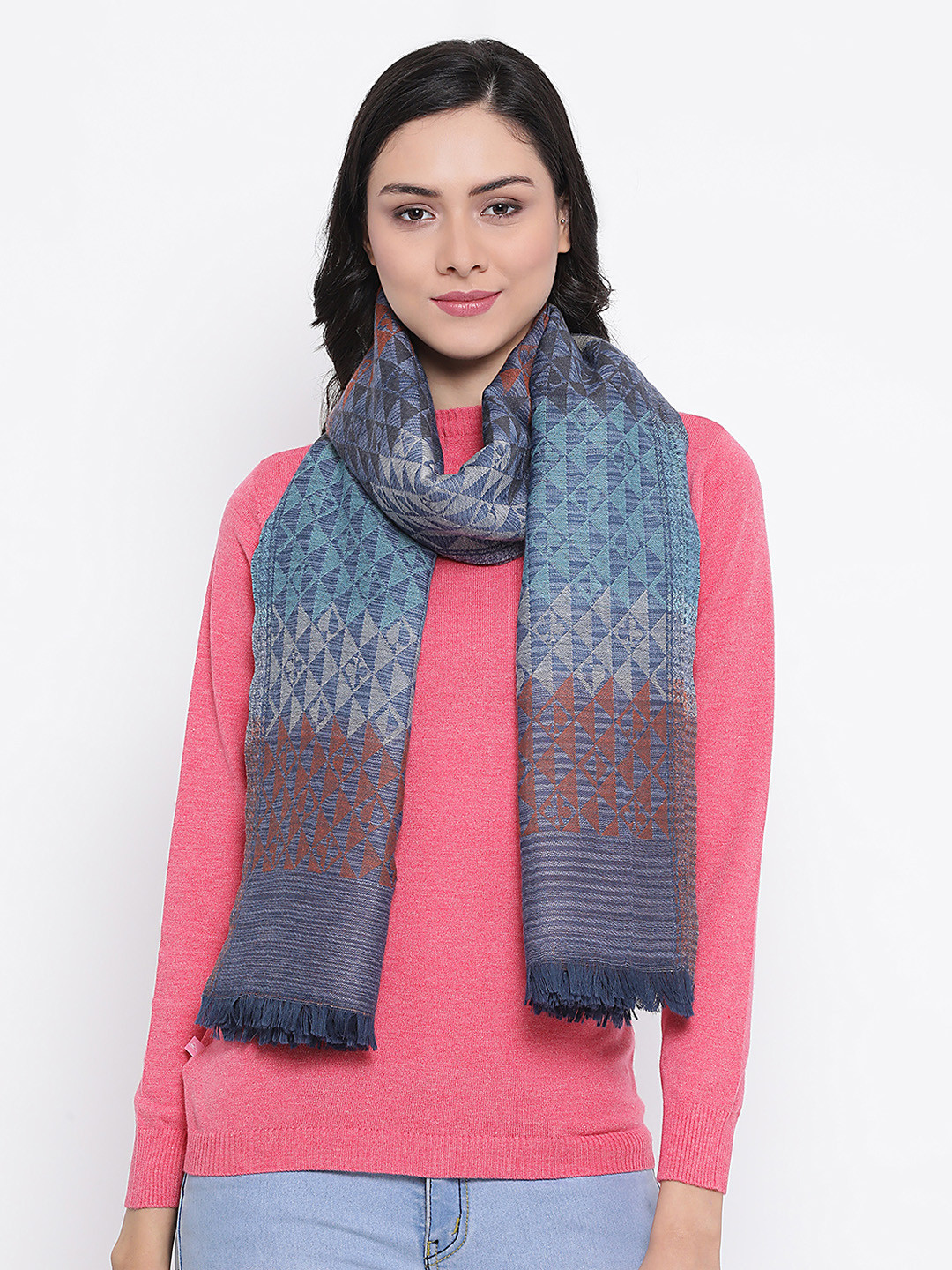 SHINGORA Women Blue & Maroon Woven Design Pure Woolen Jacquard Weave Shawl