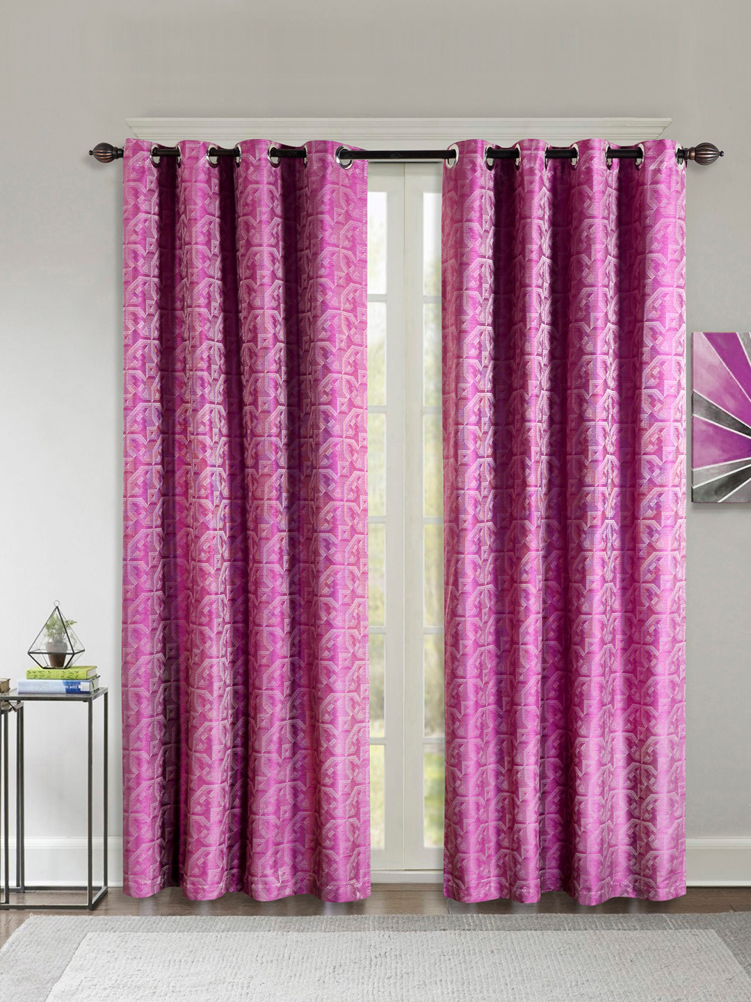 Deco Window Purple & Cream-Coloured Set of 2 Black Out Door Curtains