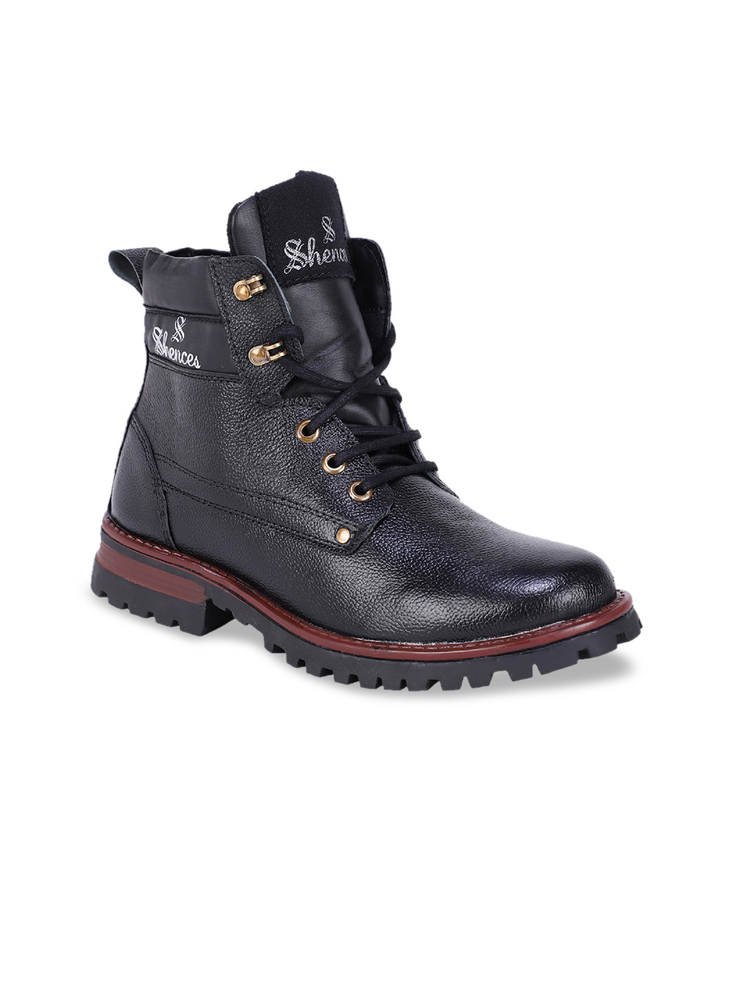 SHENCES Men Black Leather Flat Boots