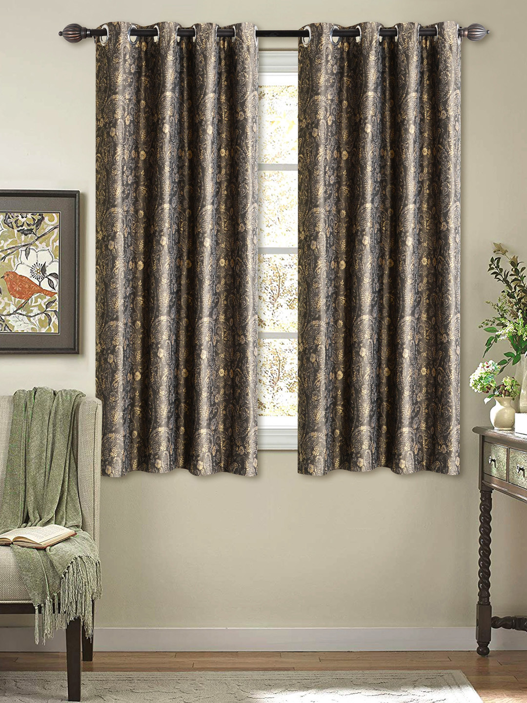 Deco Window Brown & Gold-Coloured Set of 2 Black Out Window Curtains