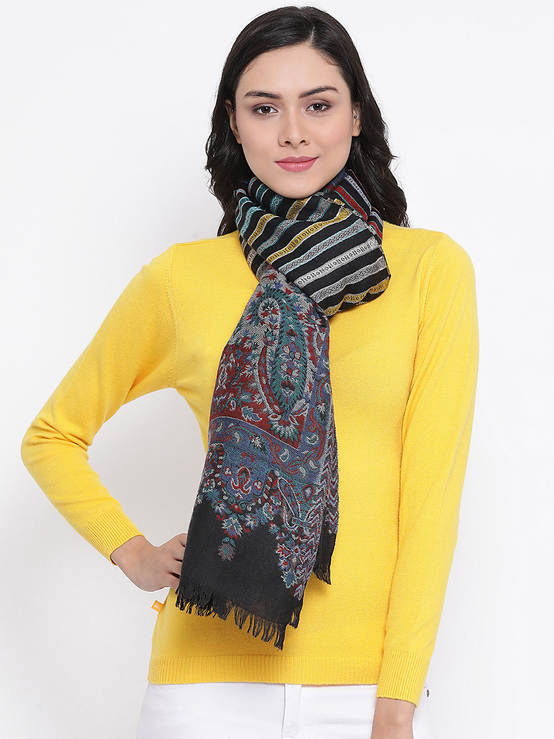 SHINGORA Women Black & Red Woven Design Pure Woolen Jaquard Weave Shawl