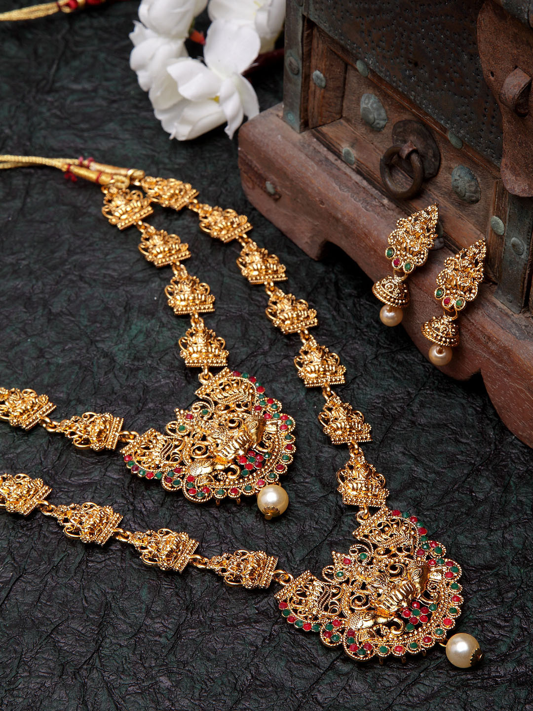 Shining Diva Gold-Plated Red & Green Stone-Studded Antique Jewellery Set