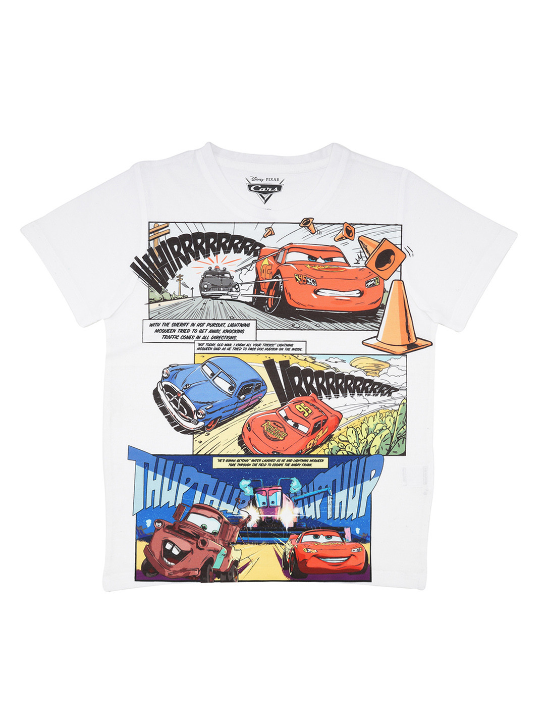 YK Disney Boys White Cars Printed Round Neck T-shirt